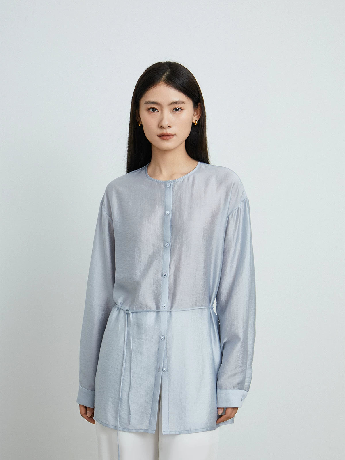 Light Blue Round-Neck Drawstring Shirt