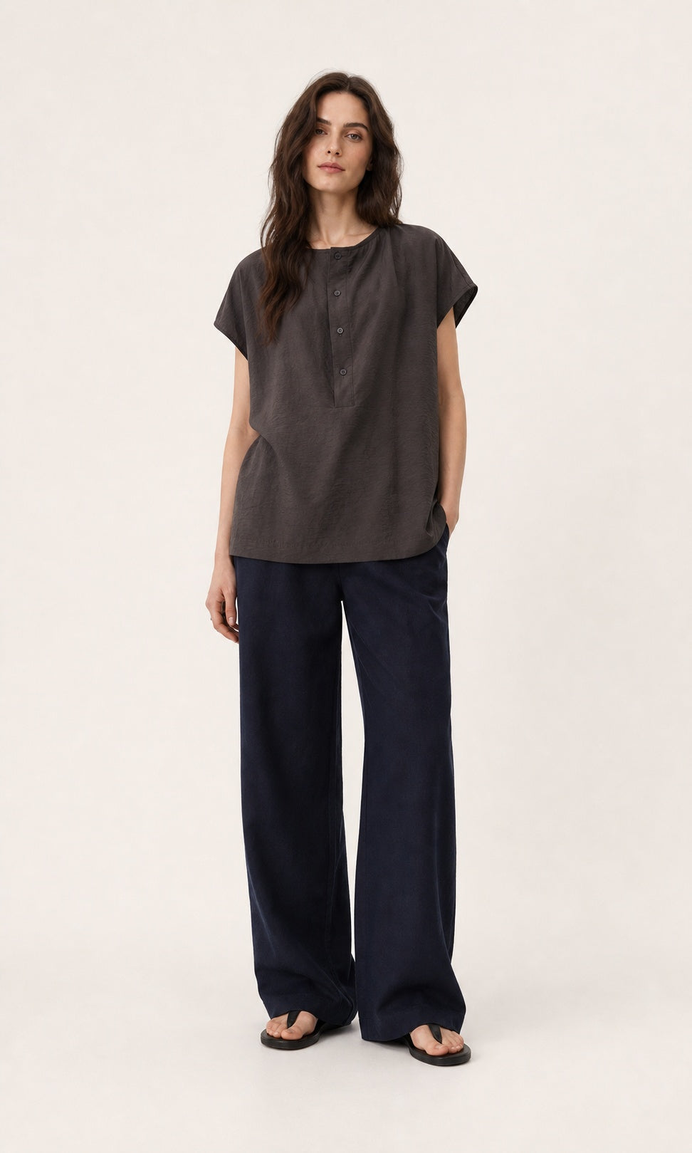 Drape-Neck Button-Front Short-Sleeve Shirt