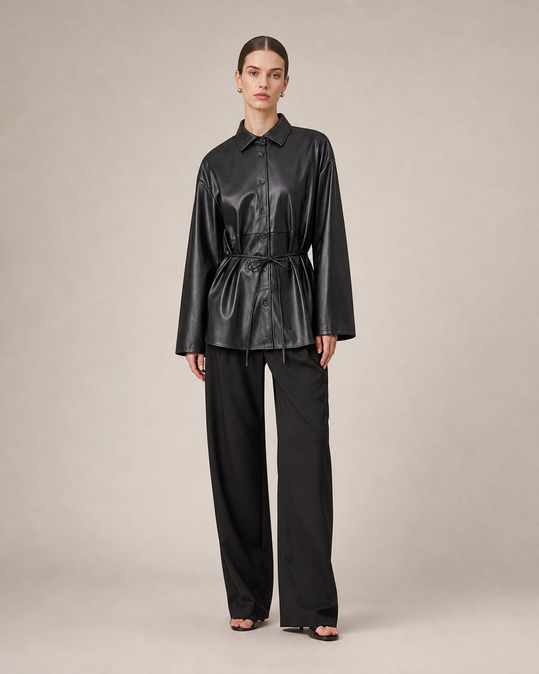 Black Faux-Leather Drawstring Shirt