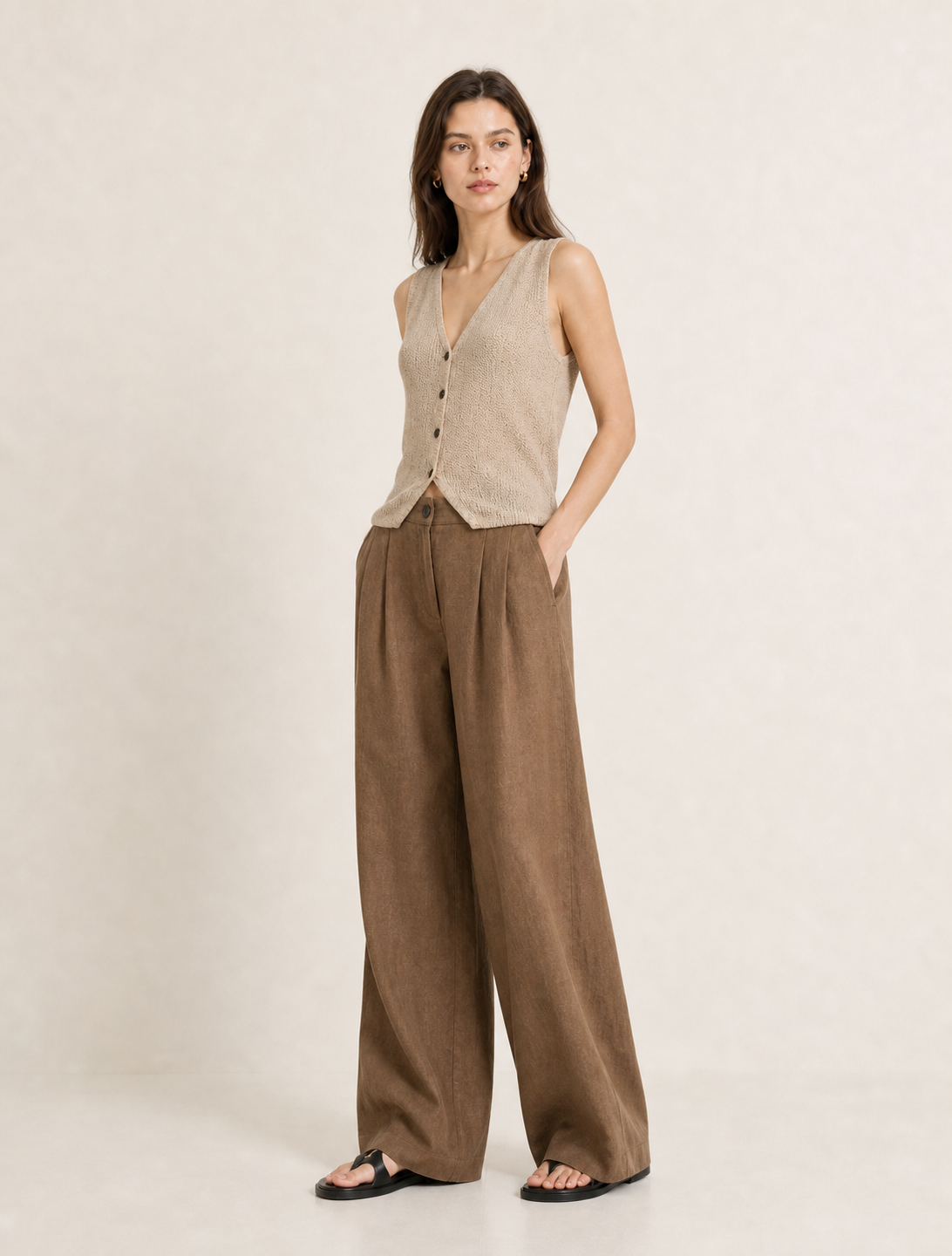 Russet Brown Linen Wide-Leg Pants