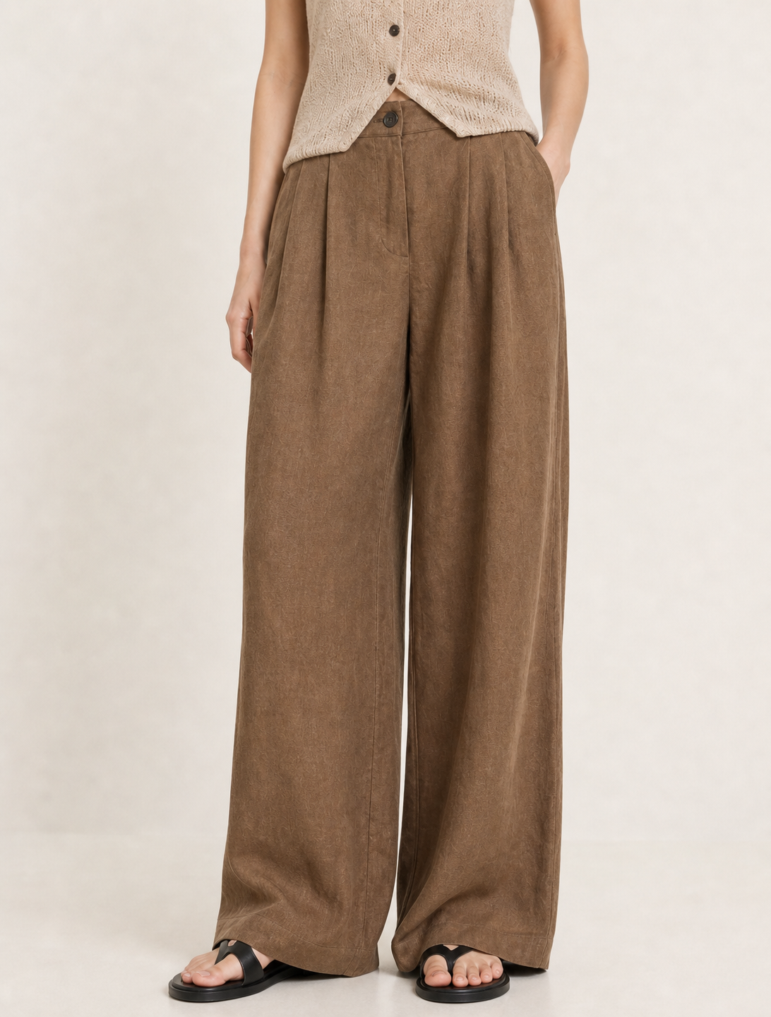 Russet Brown Linen Wide-Leg Pants