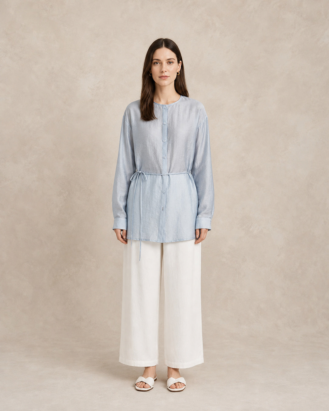 Light Blue Round-Neck Drawstring Shirt