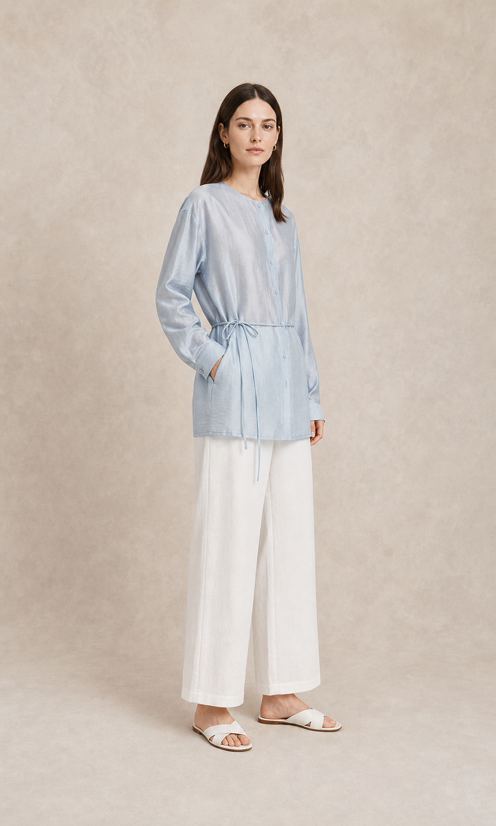 Light Blue Round-Neck Drawstring Shirt