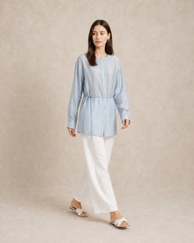 Light Blue Round-Neck Drawstring Shirt