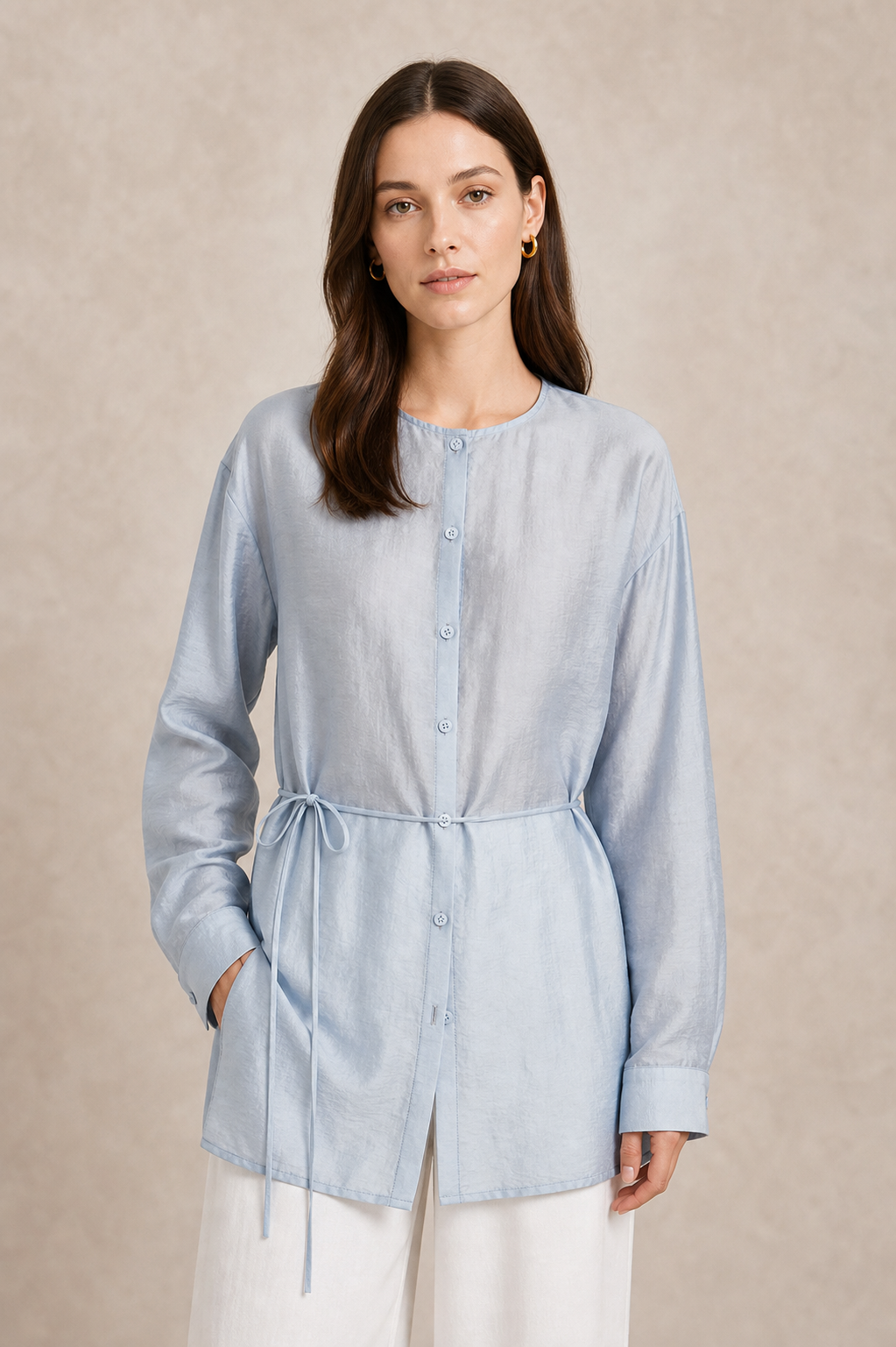 Light Blue Round-Neck Drawstring Shirt