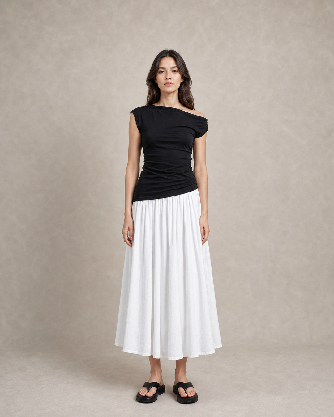 Pleated Washed-Cotton Full Midi Skirt