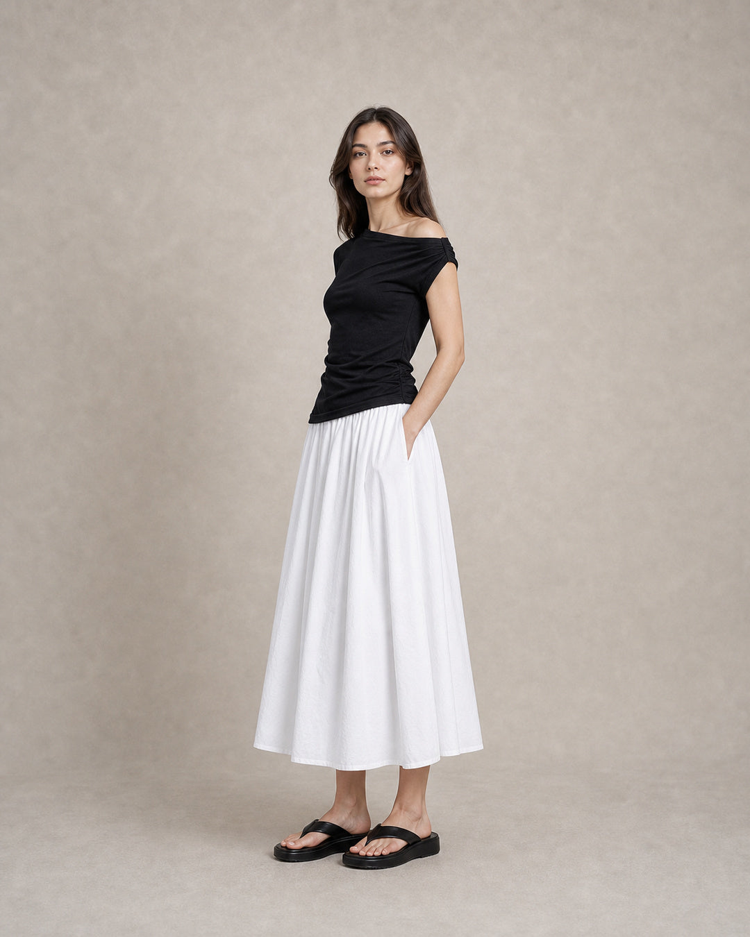 Pleated Washed-Cotton Full Midi Skirt