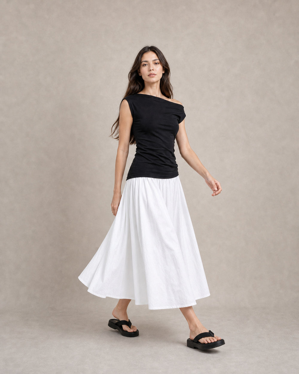 Pleated Washed-Cotton Full Midi Skirt