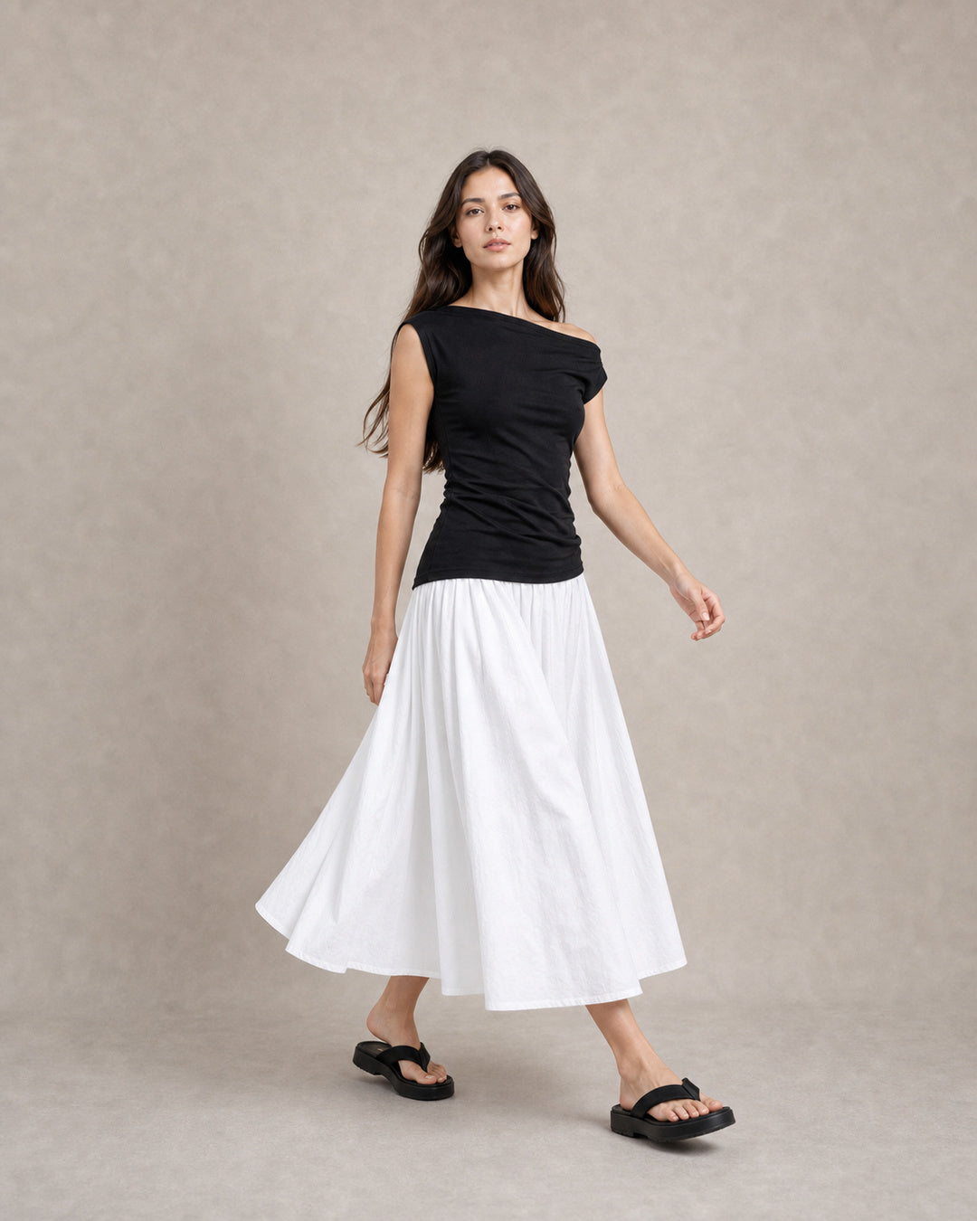 Pleated Washed-Cotton Full Midi Skirt