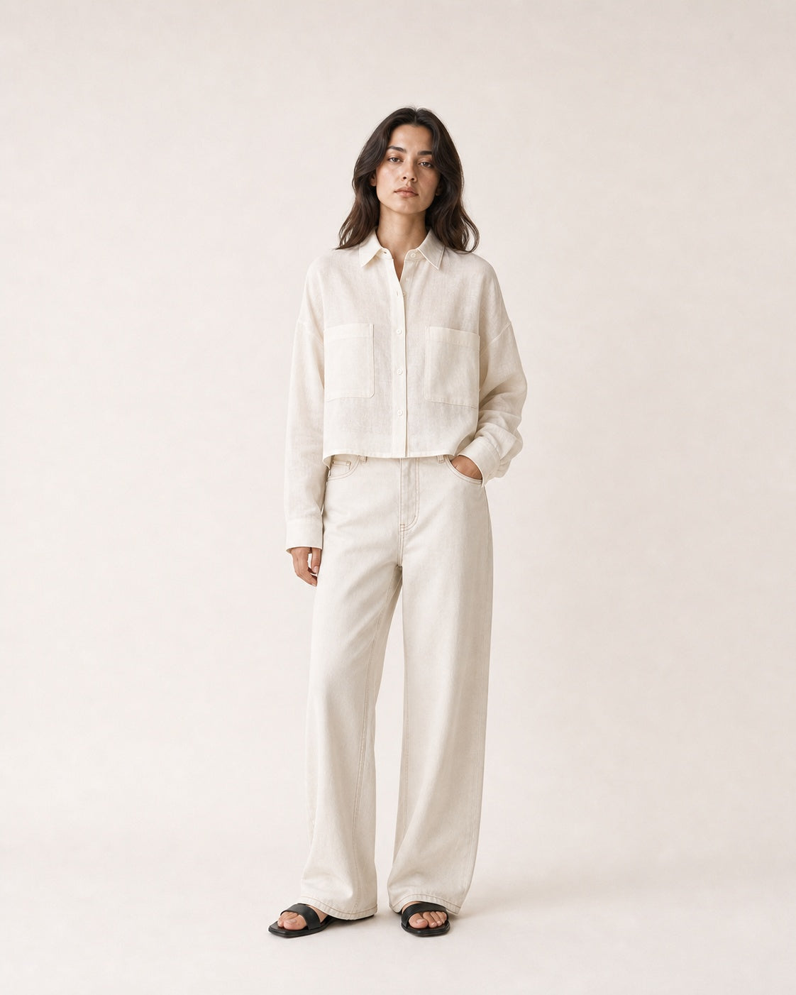 Big-Pocket Cropped Linen Shirt