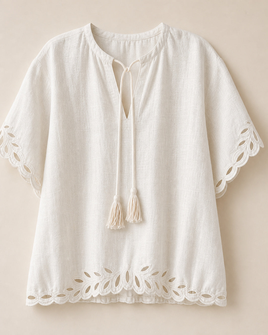 Openwork Linen Short-Sleeve Blouse