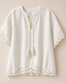 Openwork Linen Short-Sleeve Blouse