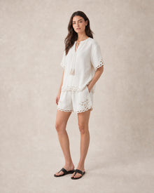 Openwork Linen Short-Sleeve Blouse