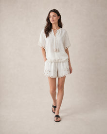 Openwork Linen Short-Sleeve Blouse