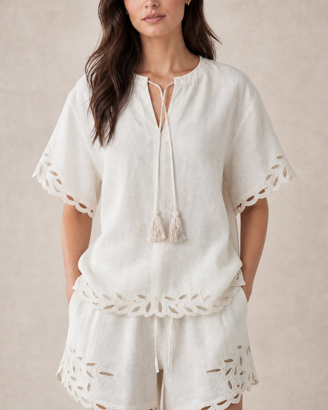 Openwork Linen Short-Sleeve Blouse