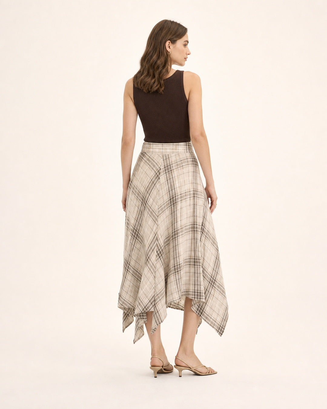 Ramie Check Asymmetric Skirt