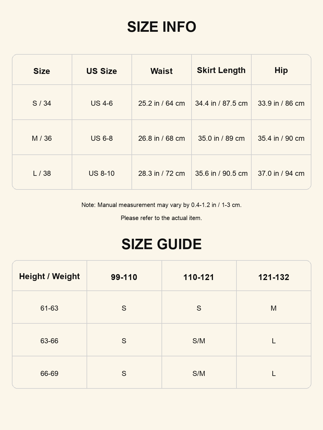 Size chart - Embroidered A-Line Maxi Skirt