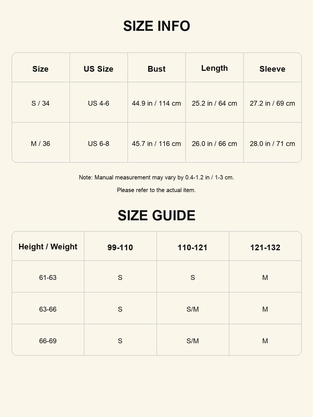 Size chart - Stand-Collar Short Trench Jacket