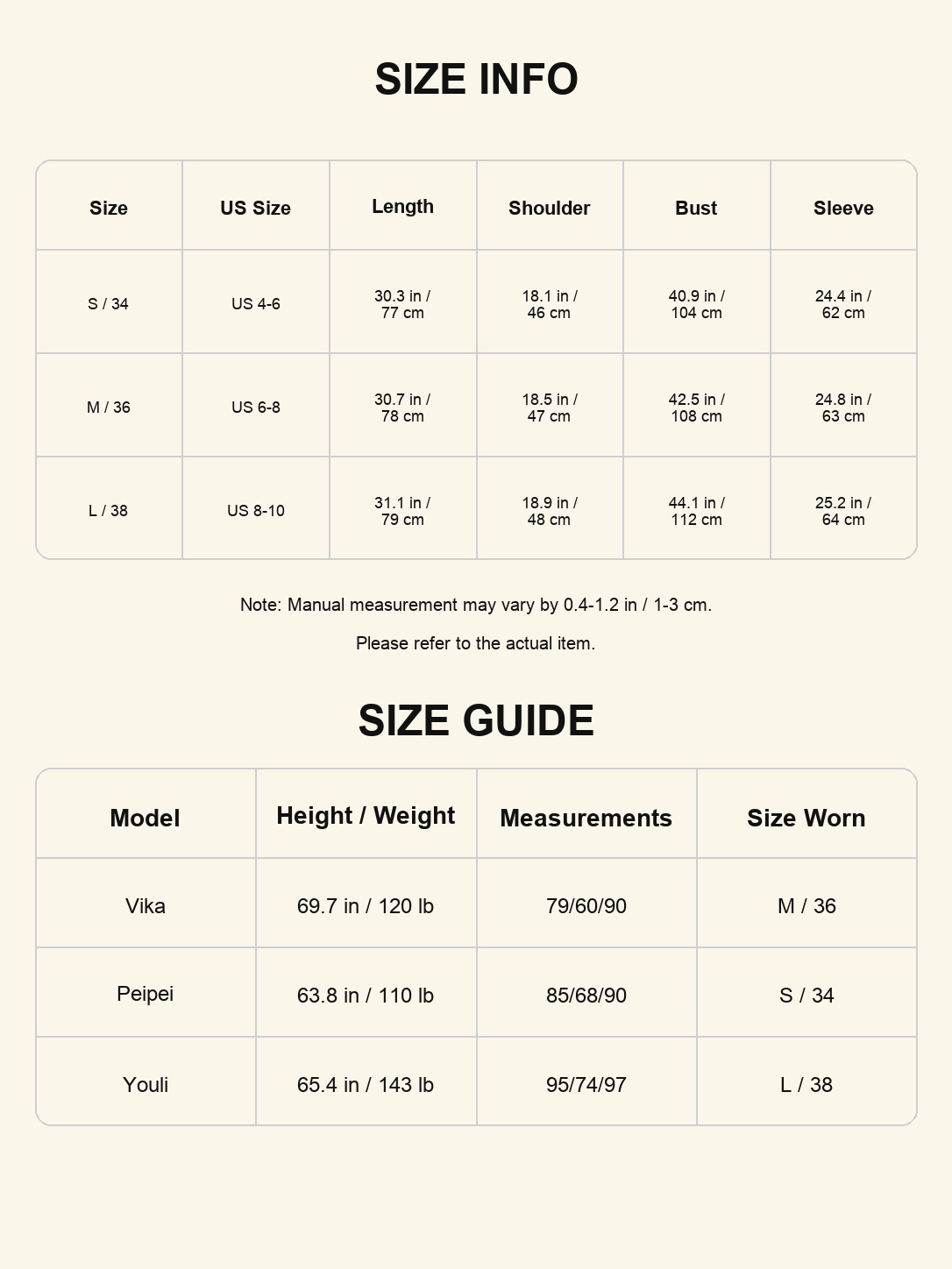 Size chart - Collarless Wool Blazer