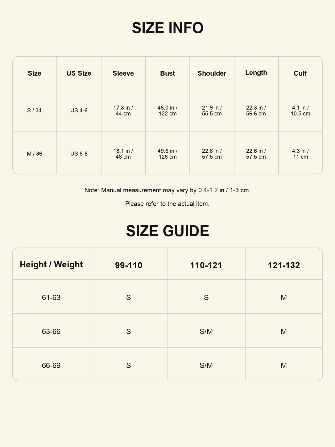 Size chart - Pleated Ramie Shirt