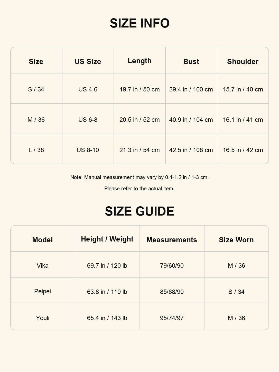 Size chart - Textured Butter Cropped Jacket