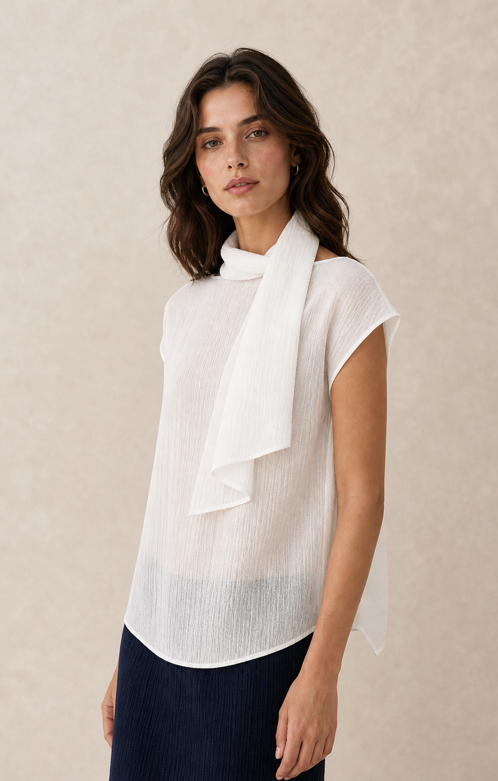 Tie-Neck Reversible Short-Sleeve Blouse