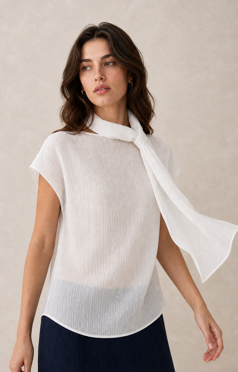Tie-Neck Reversible Short-Sleeve Blouse