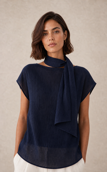 Tie-Neck Reversible Short-Sleeve Blouse
