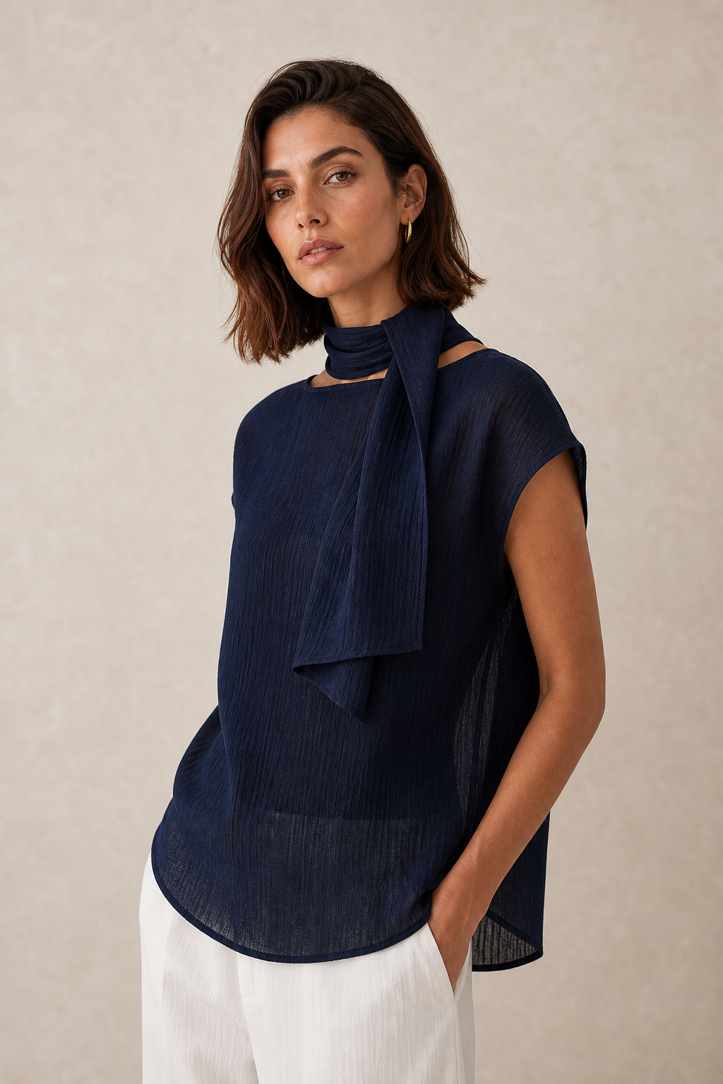 Tie-Neck Reversible Short-Sleeve Blouse