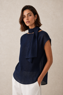 Tie-Neck Reversible Short-Sleeve Blouse