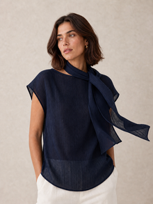 Tie-Neck Reversible Short-Sleeve Blouse