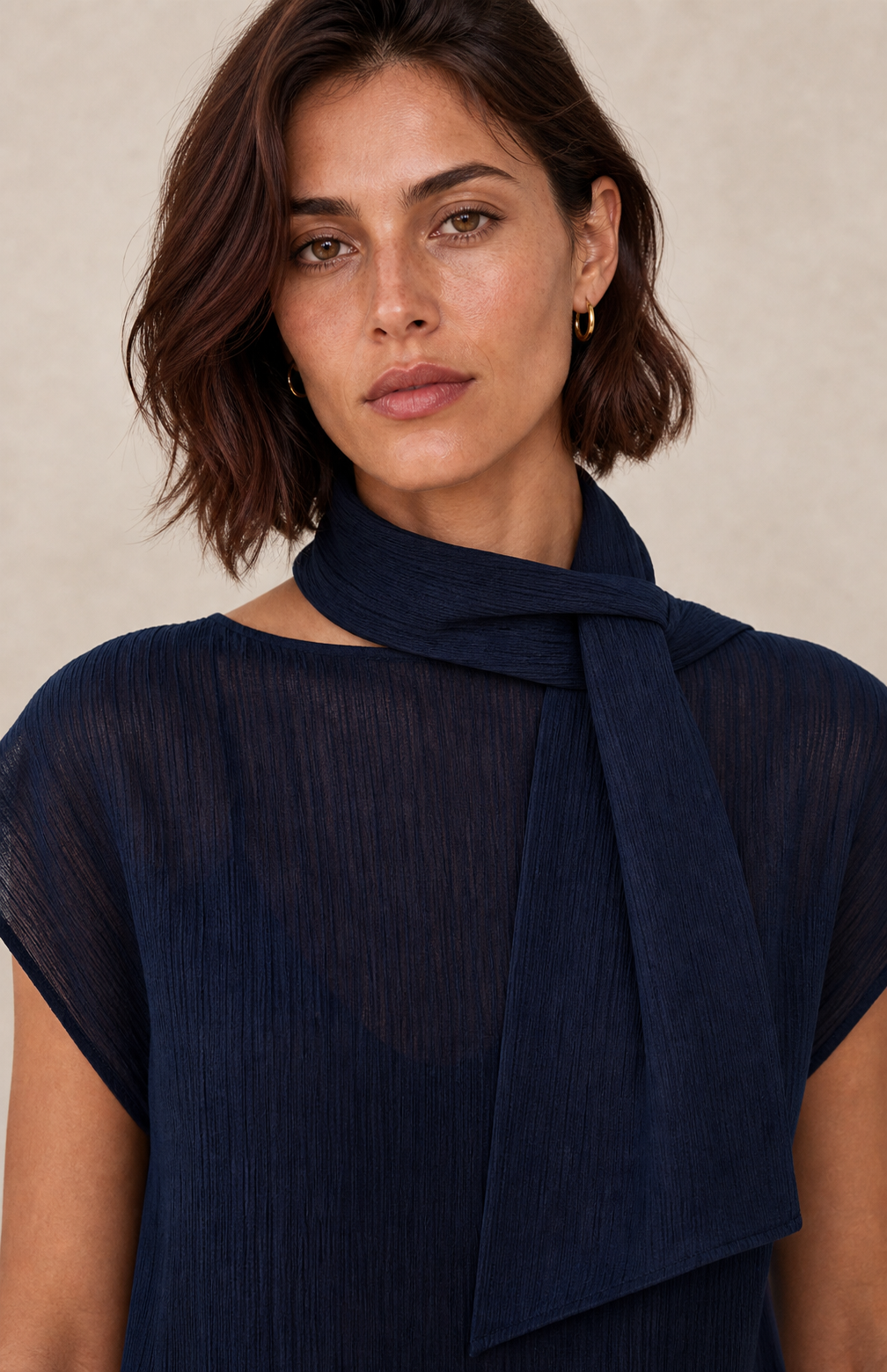 Tie-Neck Reversible Short-Sleeve Blouse