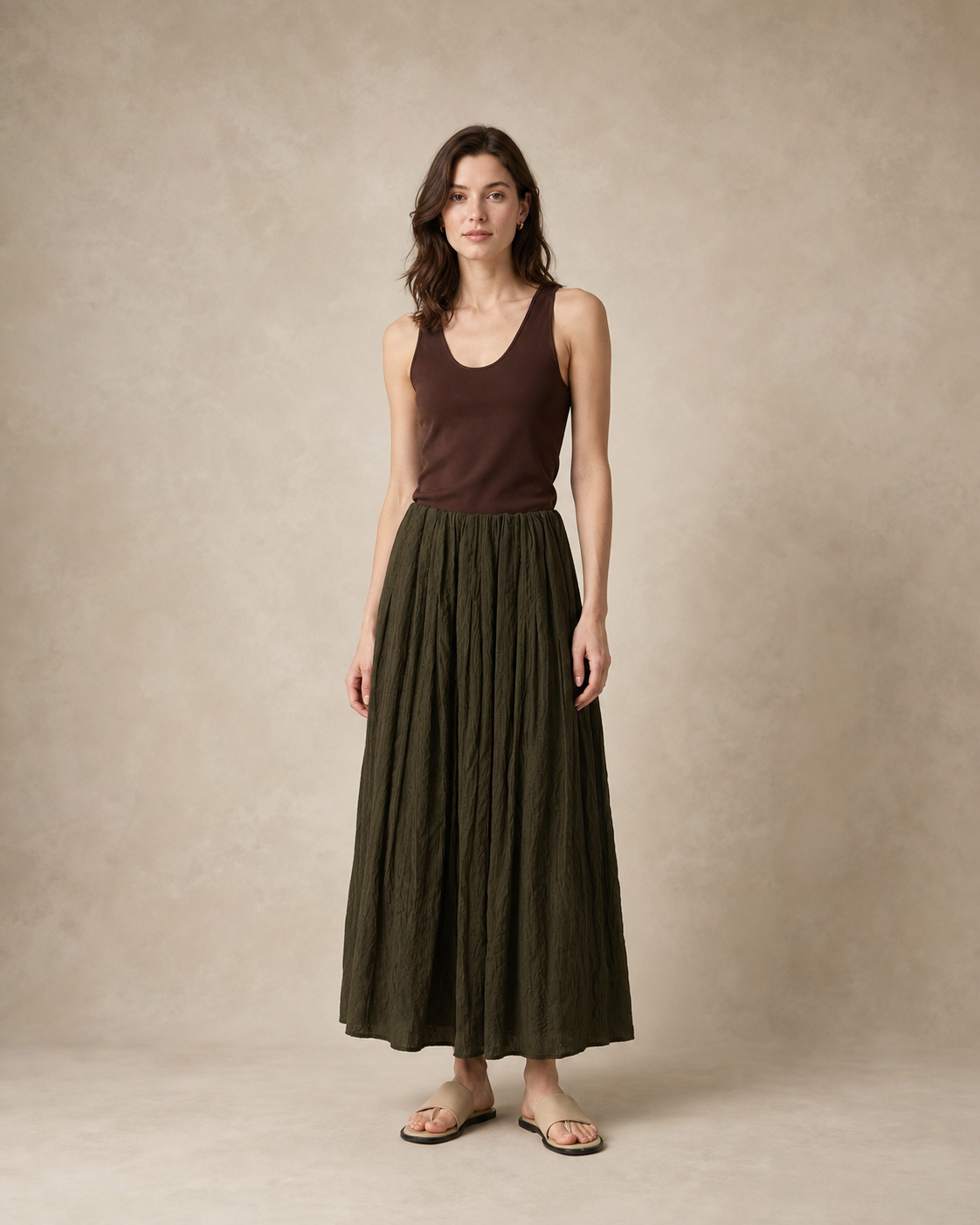 Draped Pleated A-Line Midi Skirt