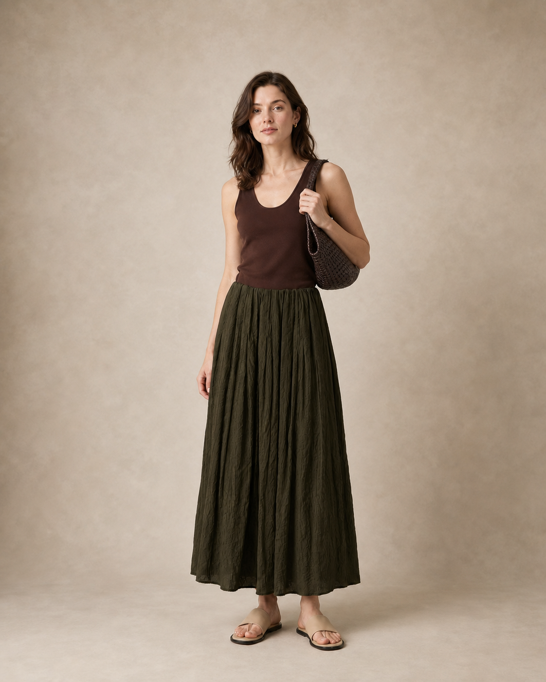 Draped Pleated A-Line Midi Skirt