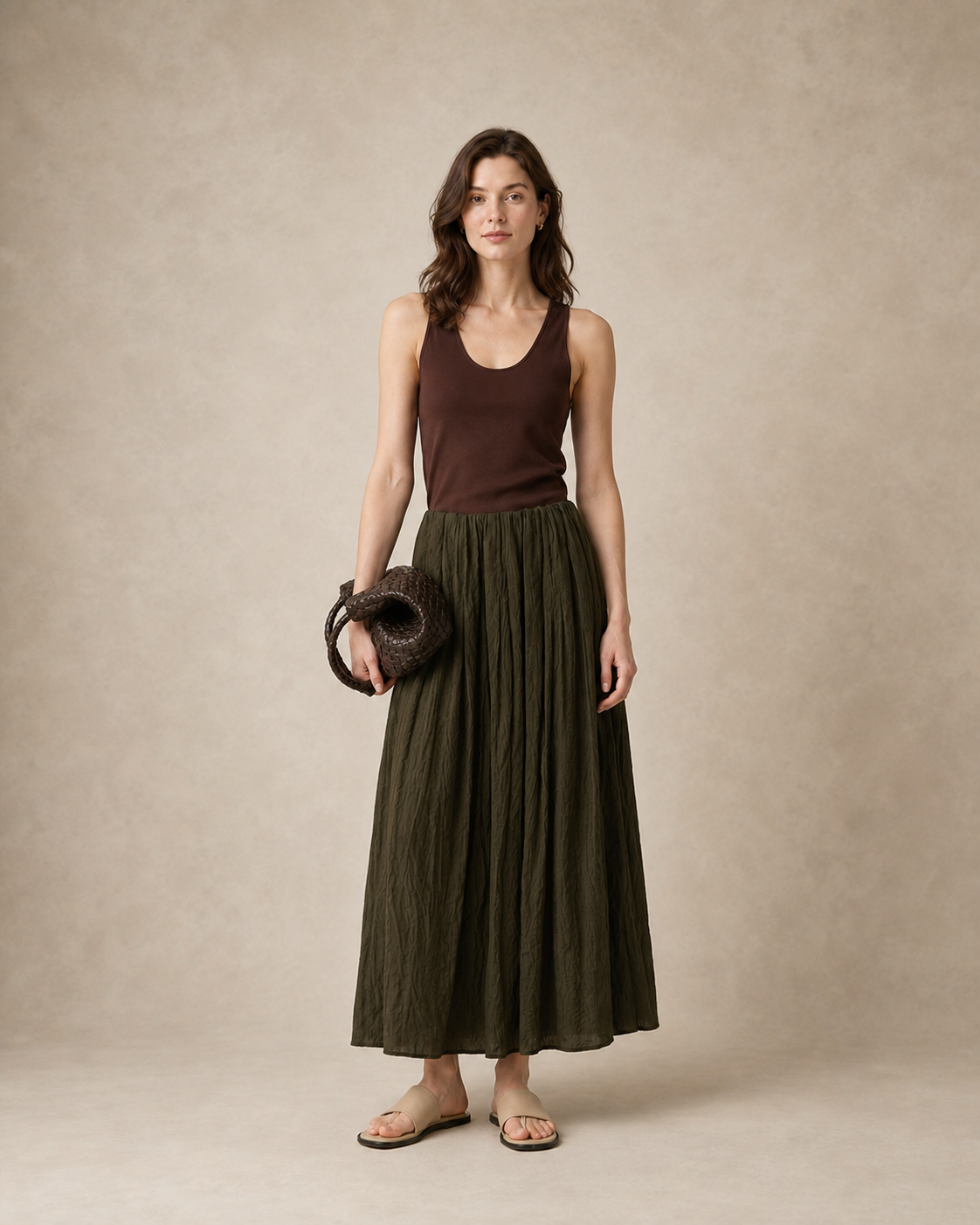 Draped Pleated A-Line Midi Skirt