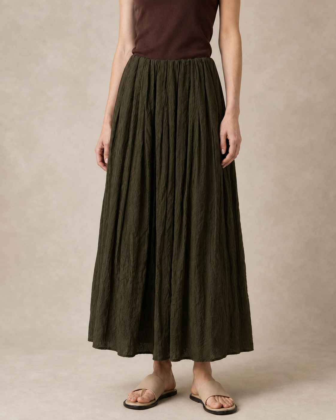 Draped Pleated A-Line Midi Skirt