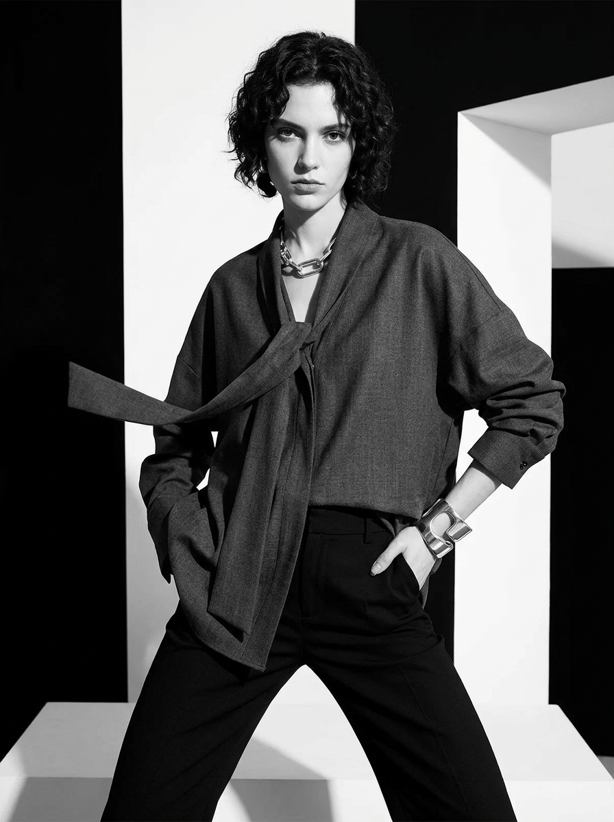 Metropolitan Style Campaign | Grey Scarf-Collar Blouse
