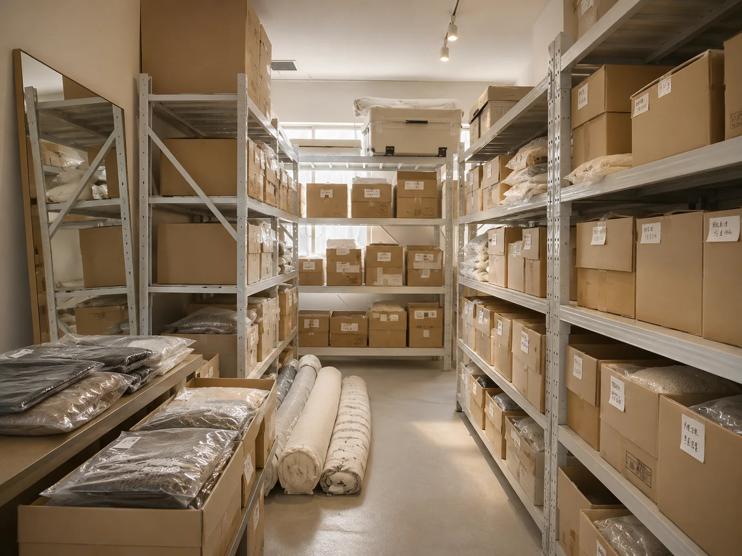 Materials and garments organized in the studio